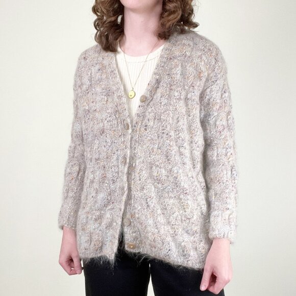 Vintage Hand Made Cable Knit Mohair Wool Cardigan Sweater Oversized Chunky Cozy - Picture 2 of 8
